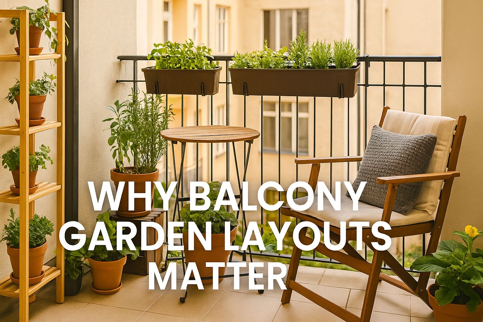 Balcony garden layout featuring wooden chairs, herb planters, and vertical storage racks, showing why thoughtful garden layouts matter in urban homes – Urban Plant.